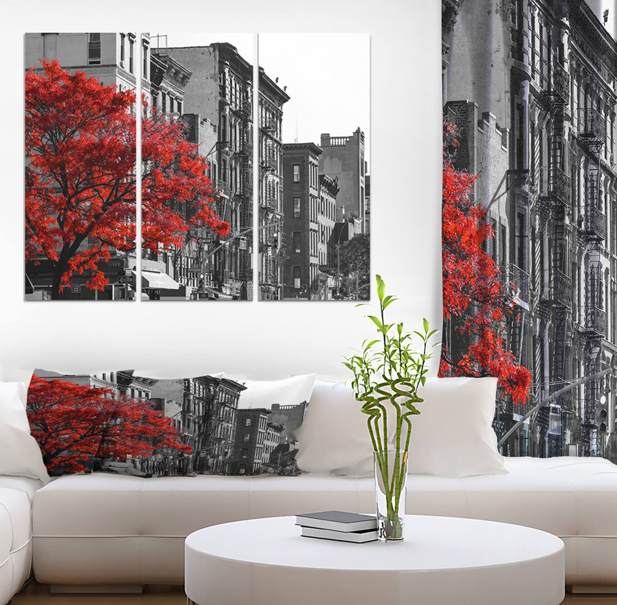 Designart - Red Tree on Black and White New York City Street